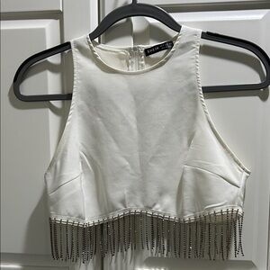 SHEIN White Sparkle Embellished Fringe Crop Top